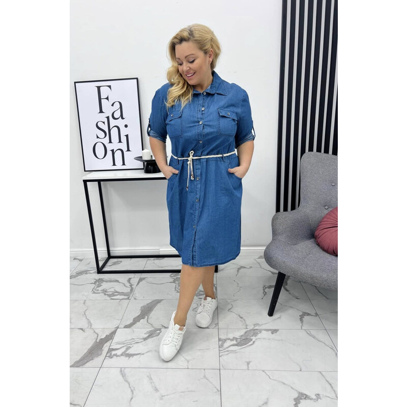 (veľ. 56) Ľahké rifľové šaty s vreckami a opaskom modré 65183149