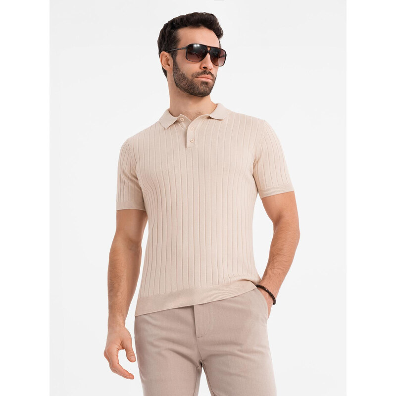 Ombre Mens SLIM FIT viscose vertical striped polo shirt - beige 64791138