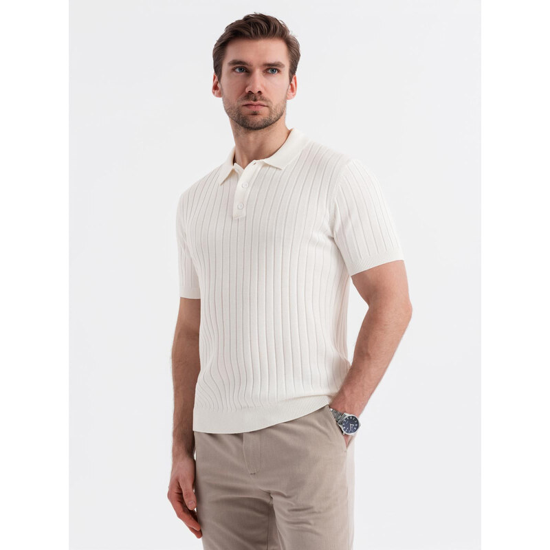 Ombre Mens SLIM FIT viscose vertical striped polo shirt - broken white 64791141