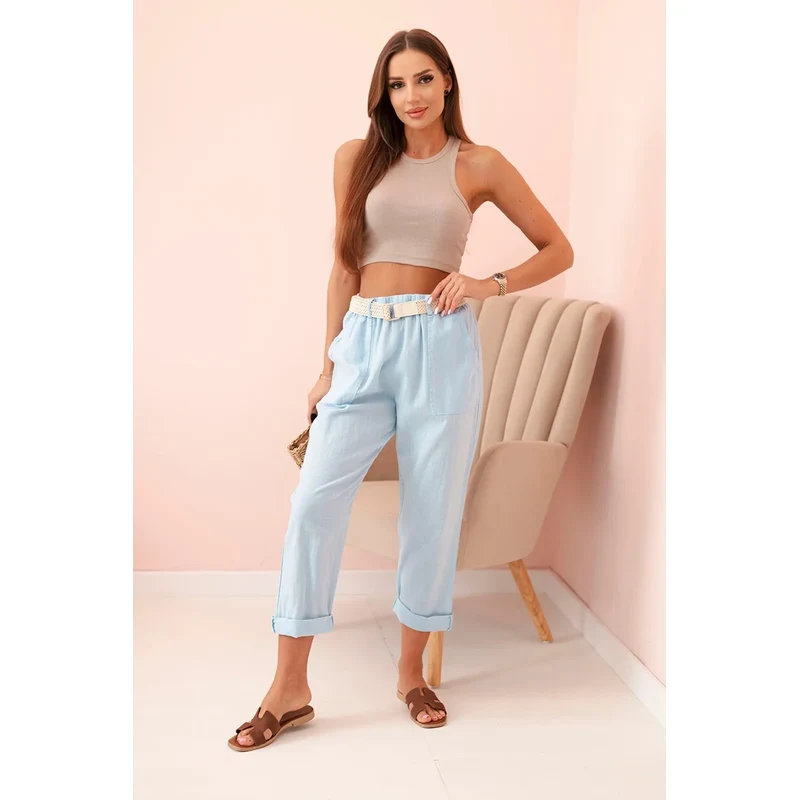 Kesi Włoski Dámske ľanové nohavice s bavlnou a opaskom modré 64679857