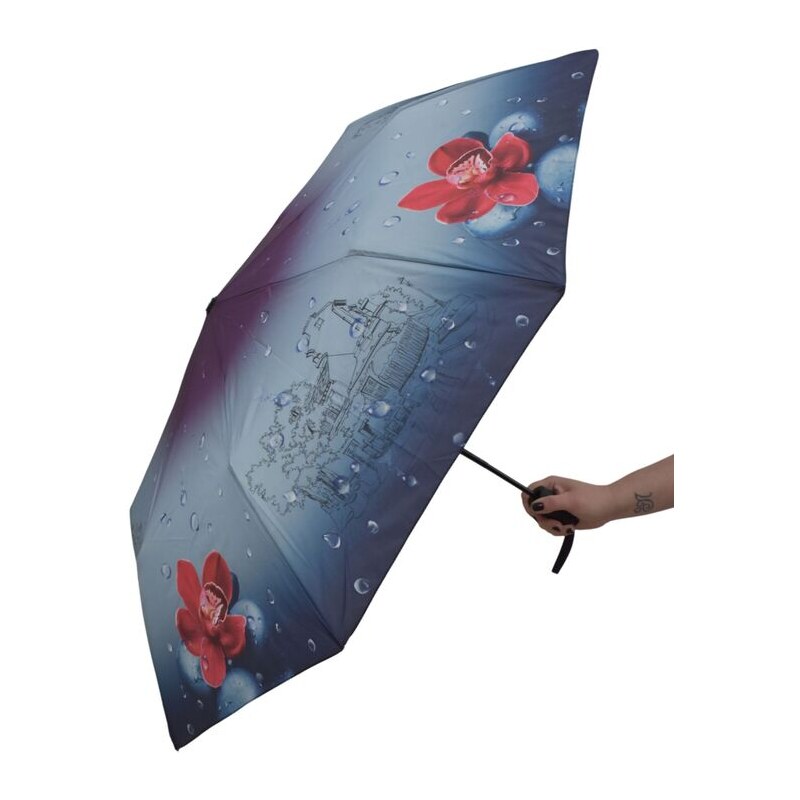 JOHN-C Modro-červený dáždnik s kvetinami ZOE 63226068