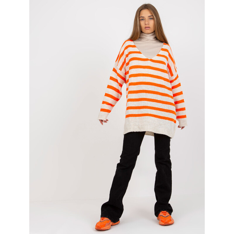 BASIC Oranžovo-biely pruhovaný voľný sveter TW-SW-BI-M59.25-orange 35456200