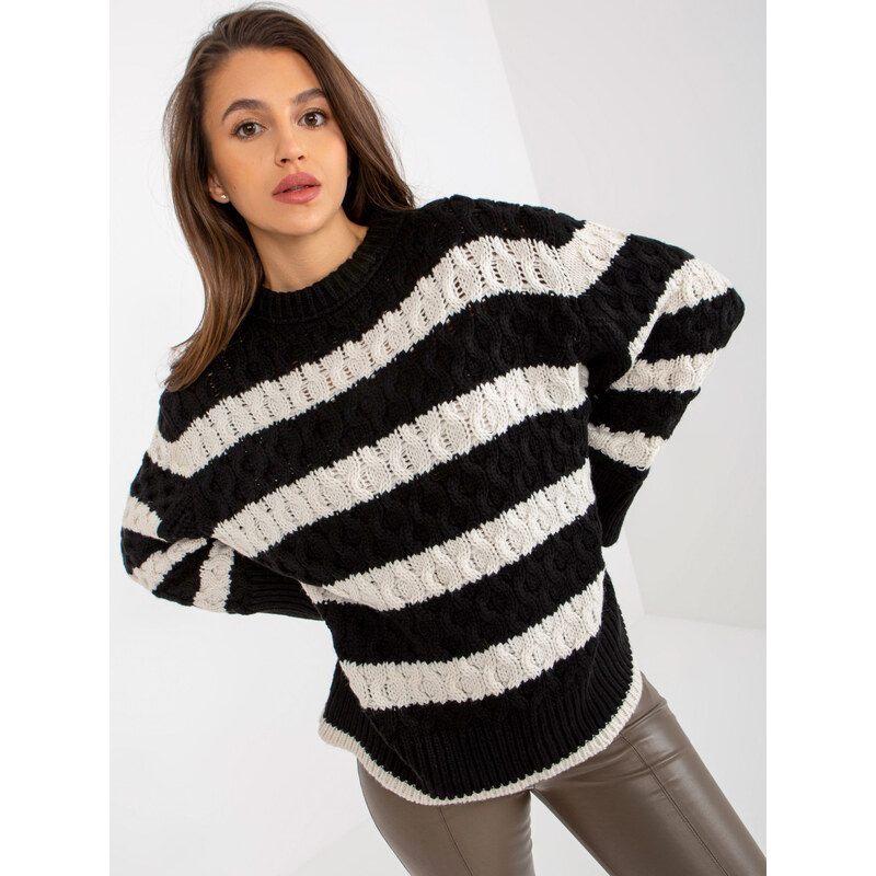 BASIC Čierno-krémový voľný sveter s pruhmi EM-SW-1018-01.26P-black 36397219