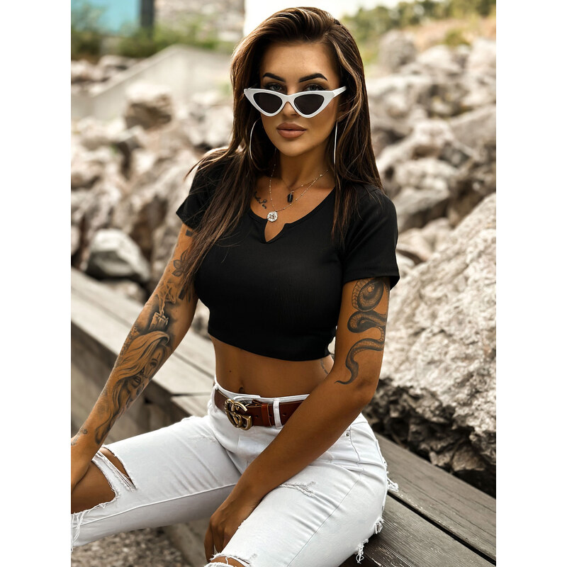 BASIC Čierny rebrovaný bavlnený crop top TW-BZ-2100.58P-black 44811421