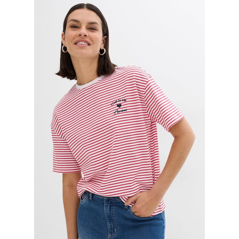 bonprix Pásikované tričko s výšivkou, farba červená 63234401