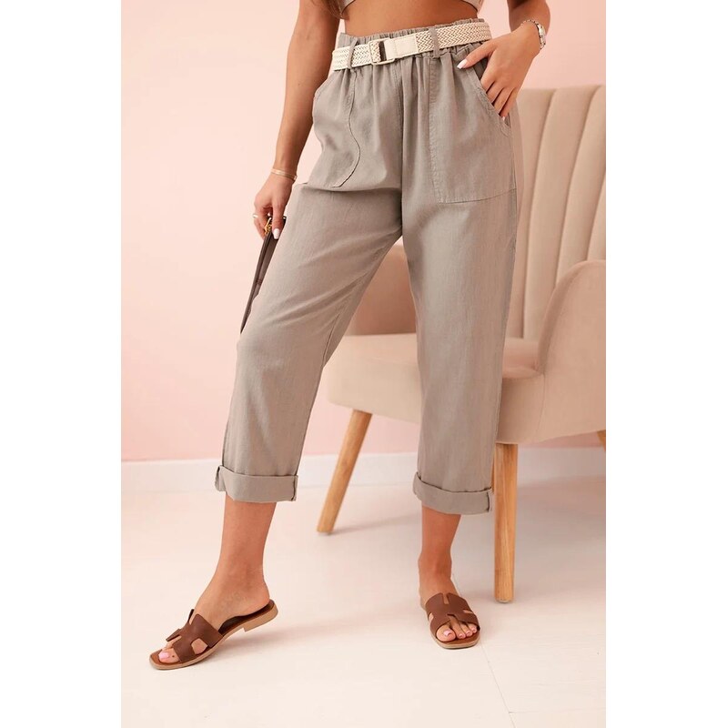 MladaModa Ľanovo-bavlnené nohavice s opaskom model 52888 farba 64482392