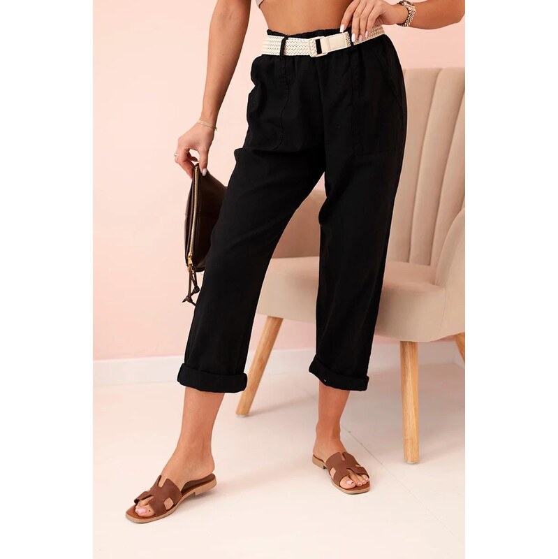 MladaModa Ľanovo-bavlnené nohavice s opaskom model 52888 čierne 63072970