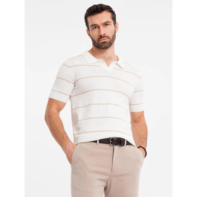 Ombre Clothing Pánska béžová pruhovaná polokošeľa V4 POSS-0145 63296924