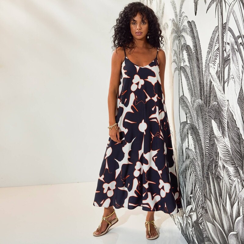 Dlhé šaty s tenkými ramienkami a XXL potlačou kvetov čierna/biela 036 53643795