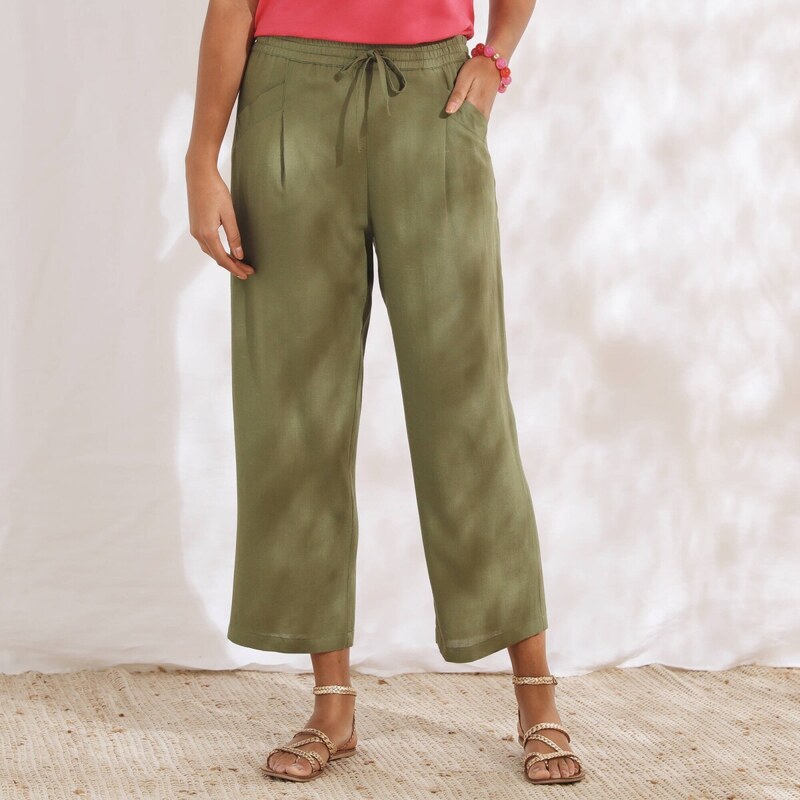 7/8 nohavice zo zmesi bavlny a ľanu khaki 038 Blancheporte 63340132