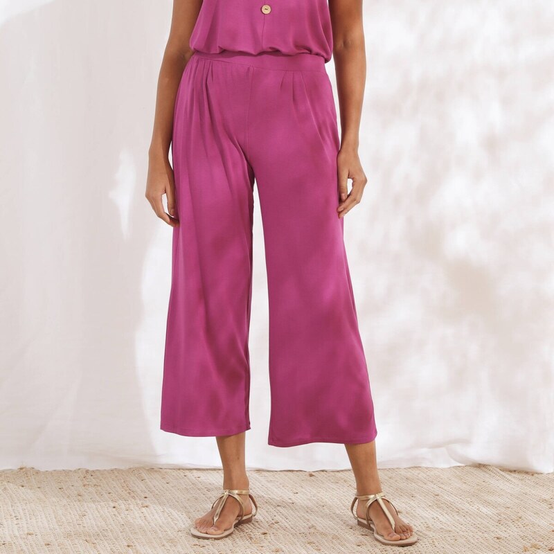 7/8 široké jednofarebné nohavice s pružným pásom purpurová 048 63340137