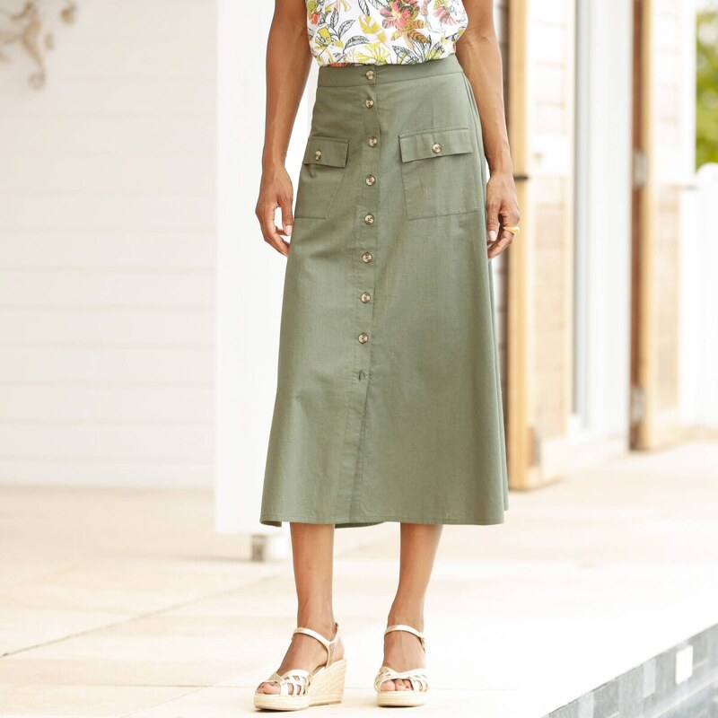 Midi sukňa na zapínanie, zo zmesi bavlny a ľanu bronzová 042 63340213