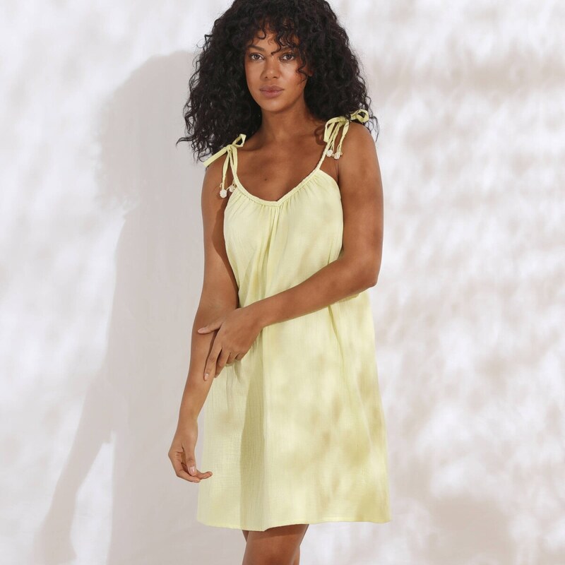 Mušelínové šaty s ramienkami na zaviazanie žltá 036 Blancheporte 63340241