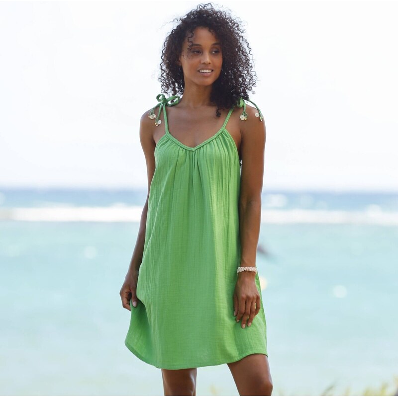 Mušelínové šaty s ramienkami na zaviazanie zelená 050 Blancheporte 63340239