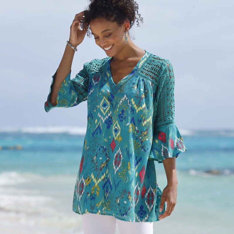 Tunika s macramé a potlačou smaragdová 046 Blancheporte 63340246