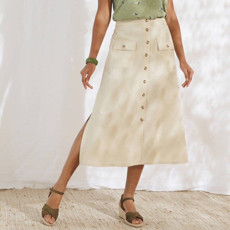 Midi sukňa na zapínanie, zo zmesi bavlny a ľanu piesková 046 63340294