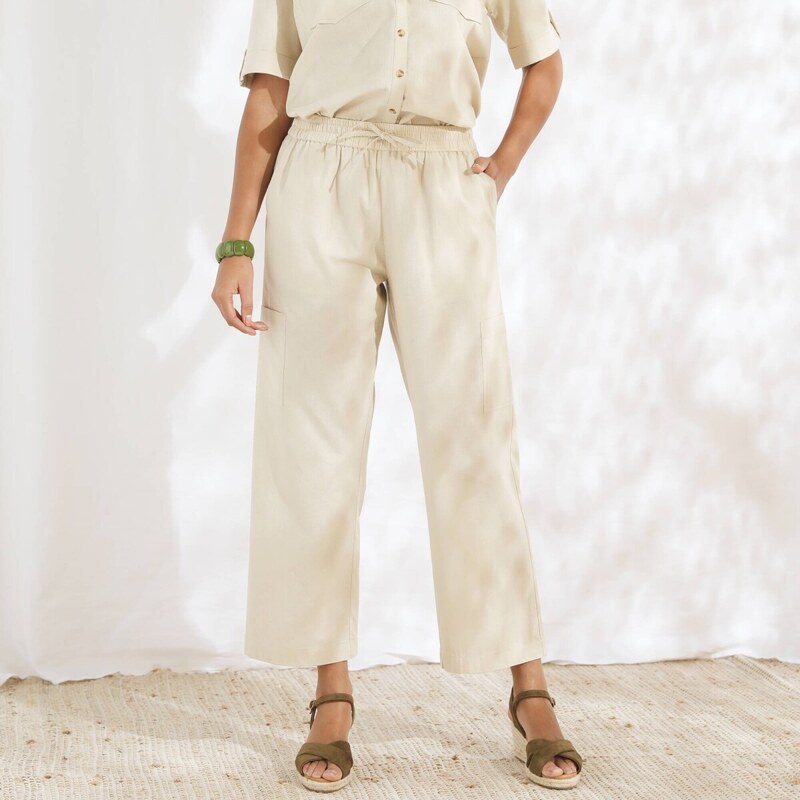 Široké 7/8 nohavice s vreckami, zo zmesi bavlny a ľanu piesková 036 63340296