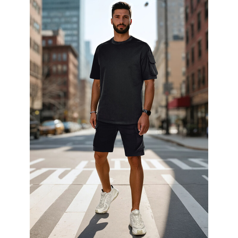 BASIC Čierna pánska krátka tepláková súprava s vreckom na rukáve 63343472