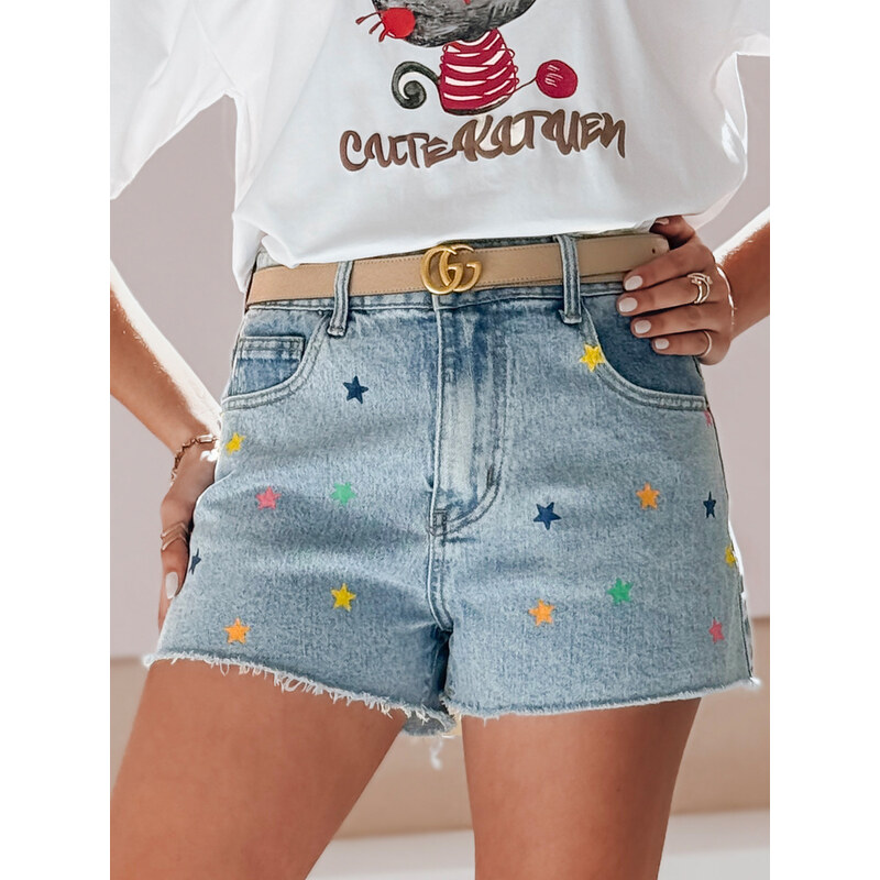 BASIC Dámske modré džínsové kraťasy STARSHINE s farebnými hviezdičkami 63343480