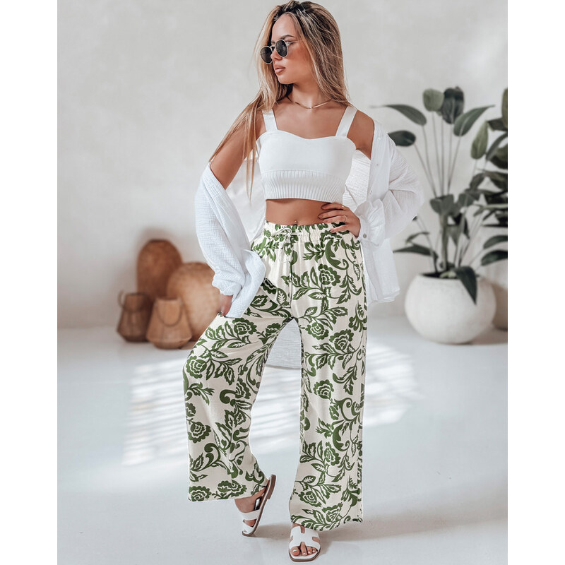 BASIC Zeleno-smotanové dámske letné široké nohavice LOVEGARDEN s 63343482