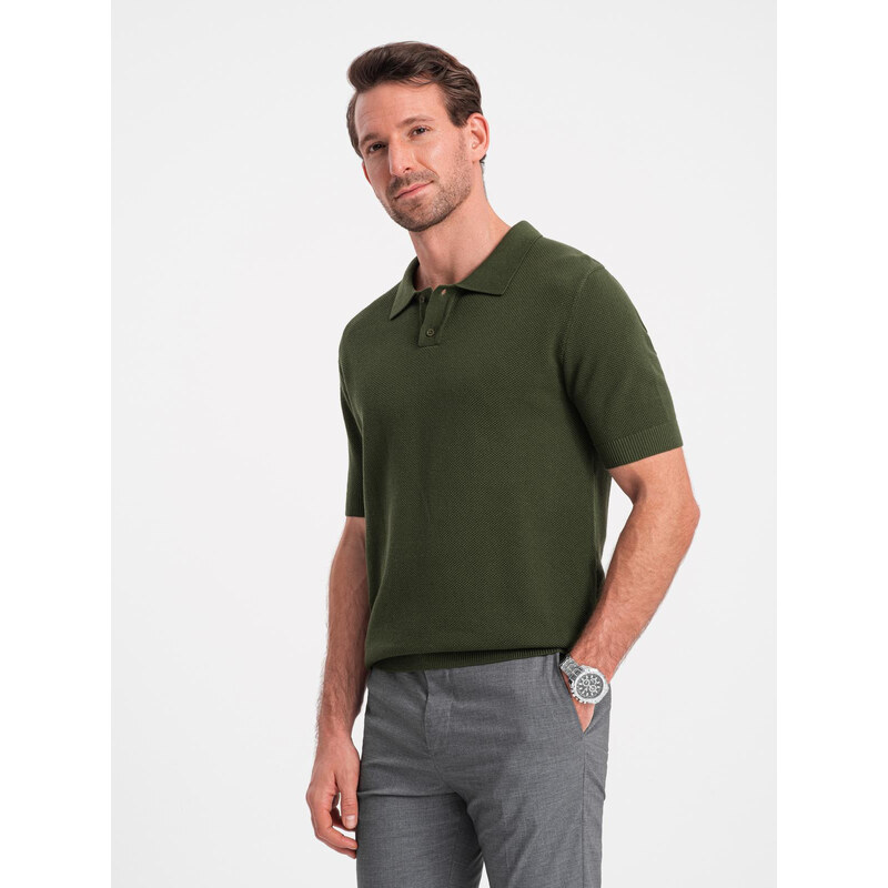Ombre Mens cotton structured knit polo shirt - olive 64778773