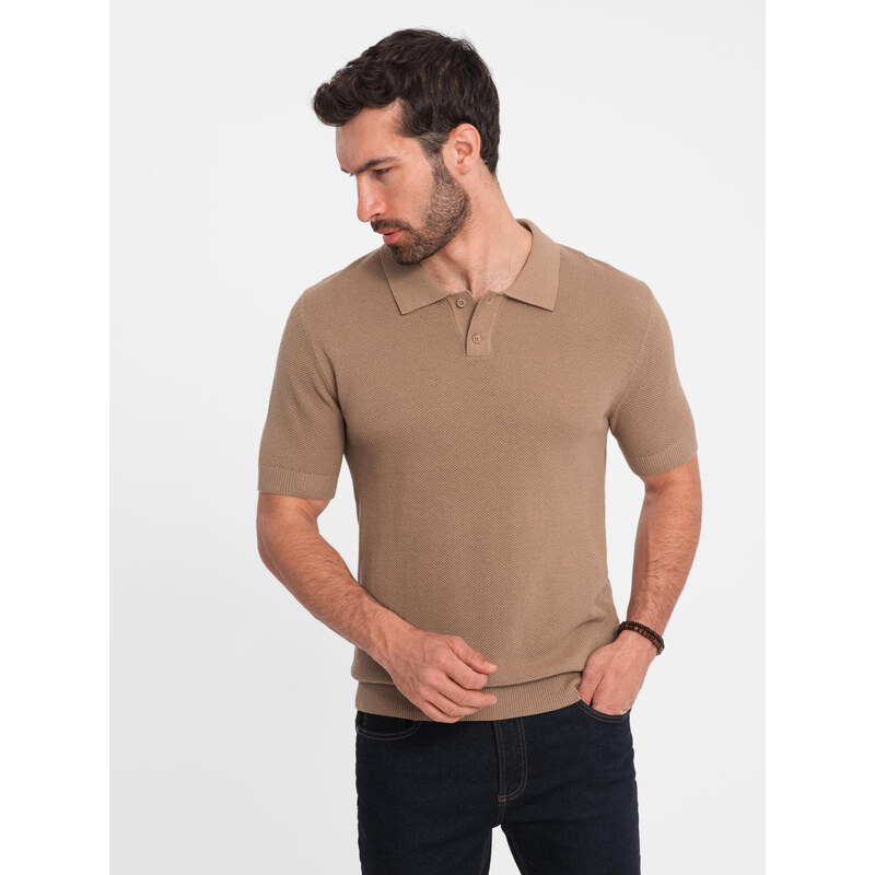 Ombre Mens cotton structured knit polo shirt - light brown 64778772