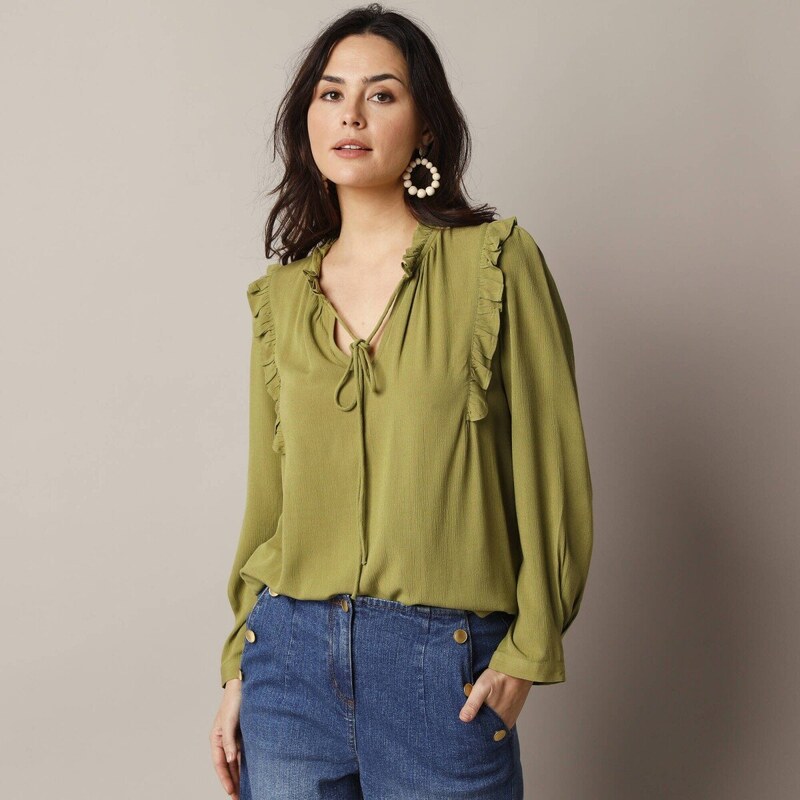 Jednofarebná krepónová blúzka s volánmi zelená 046 Blancheporte 63387928