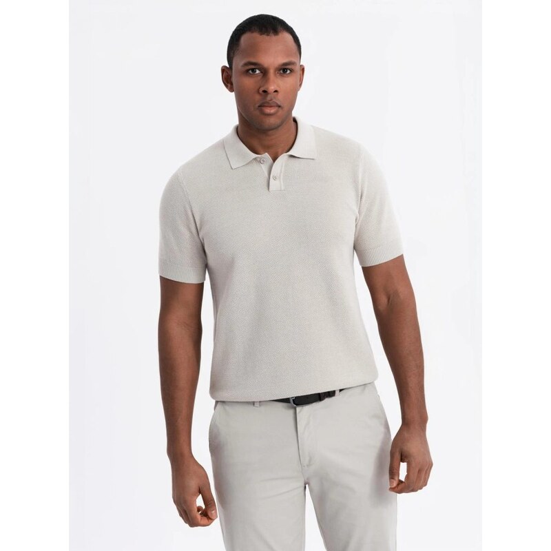 Ombre Clothing Pánska béžová úpletová polokošeľa V6 POSS-0117 63394388