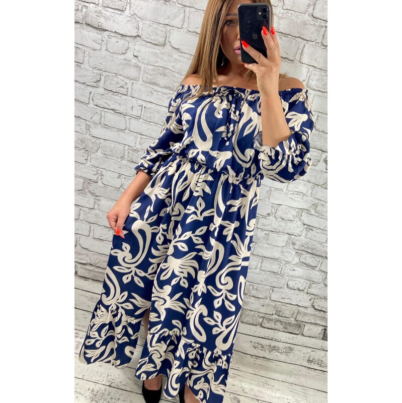 Dlhé šaty s kvetovaným vzorom a rozparkom modré 63395194