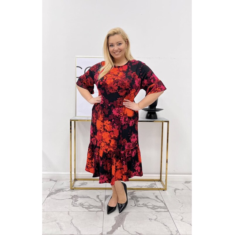 Elastické kvetované šaty s volánmi červeno-čierne 63395176