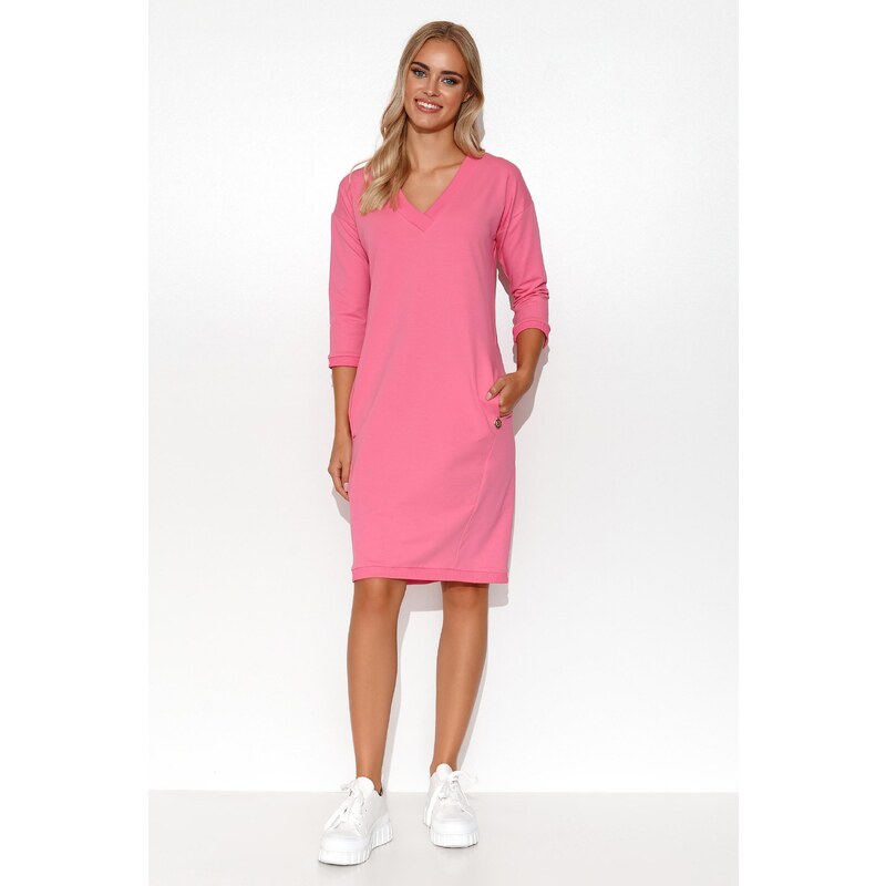 Makadamia Rovné mikinové šaty s véčkovým výstrihom M779 | baby pink 63395658