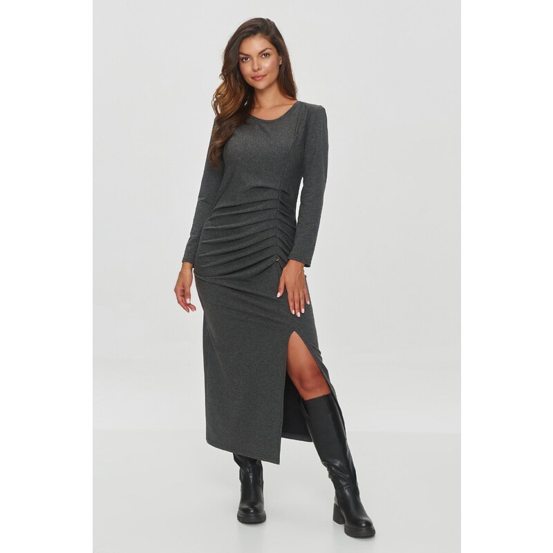 Makadamia Šaty s rozparkom a záhybmi M846 | grafit melanž M846 63395859