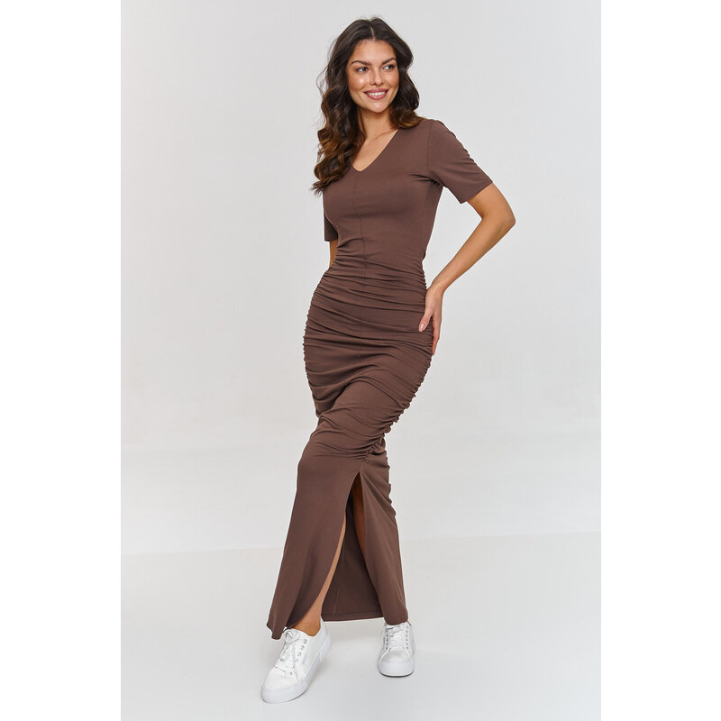 Makadamia Šaty so záhybmi a véčkovým výstrihom M872 | čokoládová M872 63395944