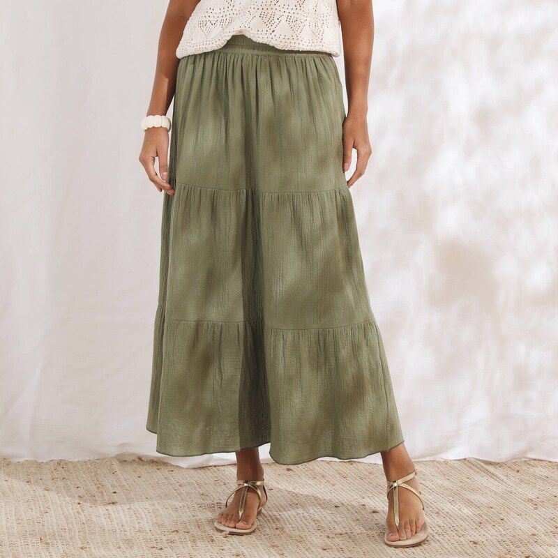 Mušelínová dlhá volánová sukňa khaki 054 Blancheporte 63408528