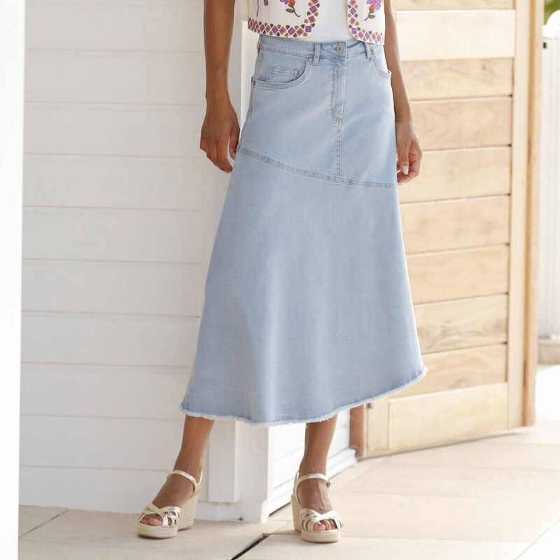 Rozšířená džínsová midi sukňa zapratá modrá 048 Blancheporte 63408534