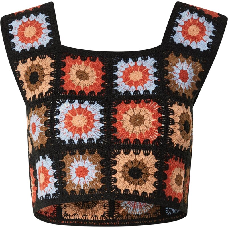 VILA Vyšívaný top VIDEMSEY béžová / svetlomodrá / oranžovo červená / 63417277