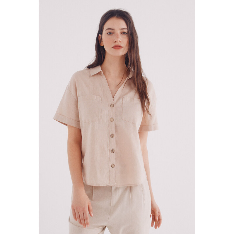 SPRINGFIELD Bavlnená ľanová košeľa s krátkym rukávom 63423174