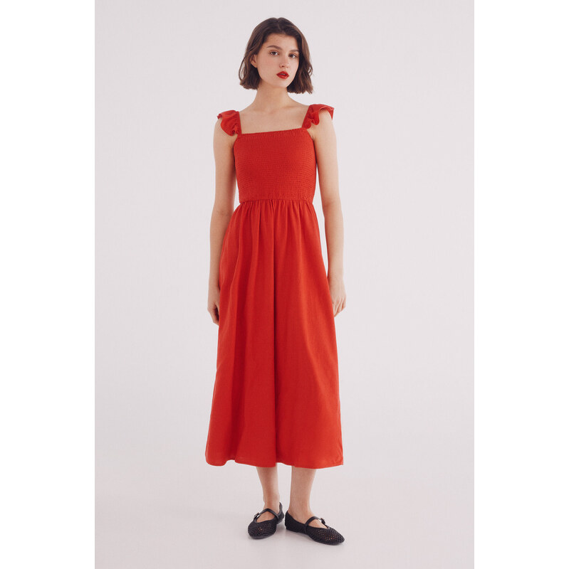 SPRINGFIELD Ľanové volánové midi šaty na ramienka 63423221