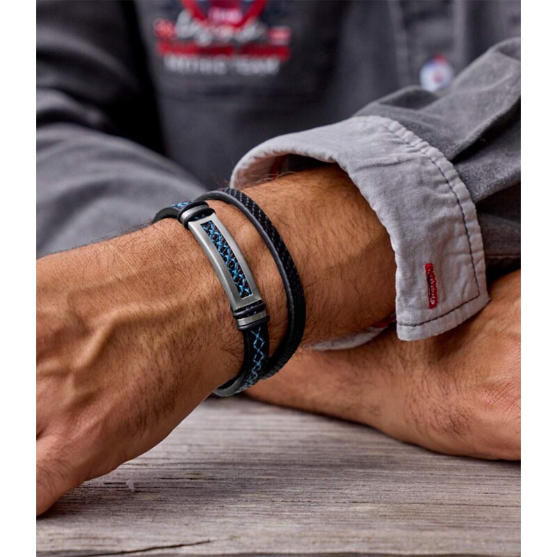 Dvojitý náramok z imitácie kože a ocele Atlas For Men Čierna 61681683