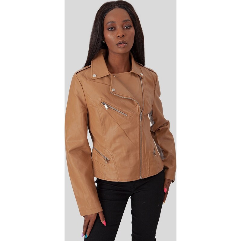 Perso Camel dámska koženková bunda so zipsami BLE 220011 F - Camel 63433945