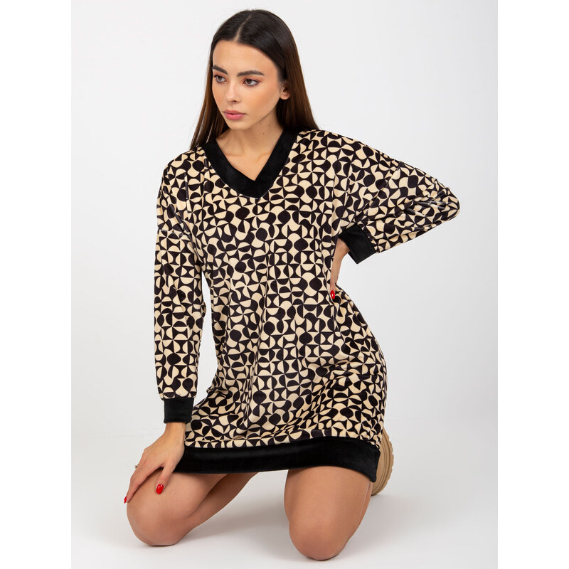 RUE PARIS Čierno-béžové mikinové velúrové šaty -RP-TU-8189-3.66-black 57951014