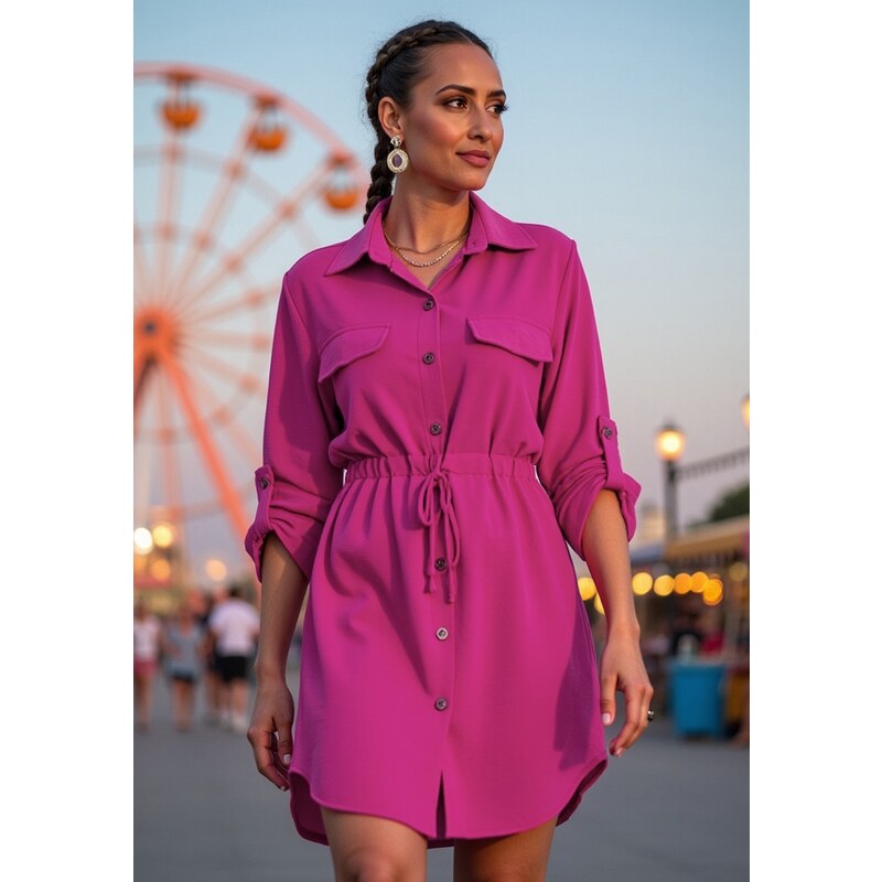 FIGL Fuchsiové dámske košeľové šaty s náprsnými vreckami M1131 Fuchsia 66149605