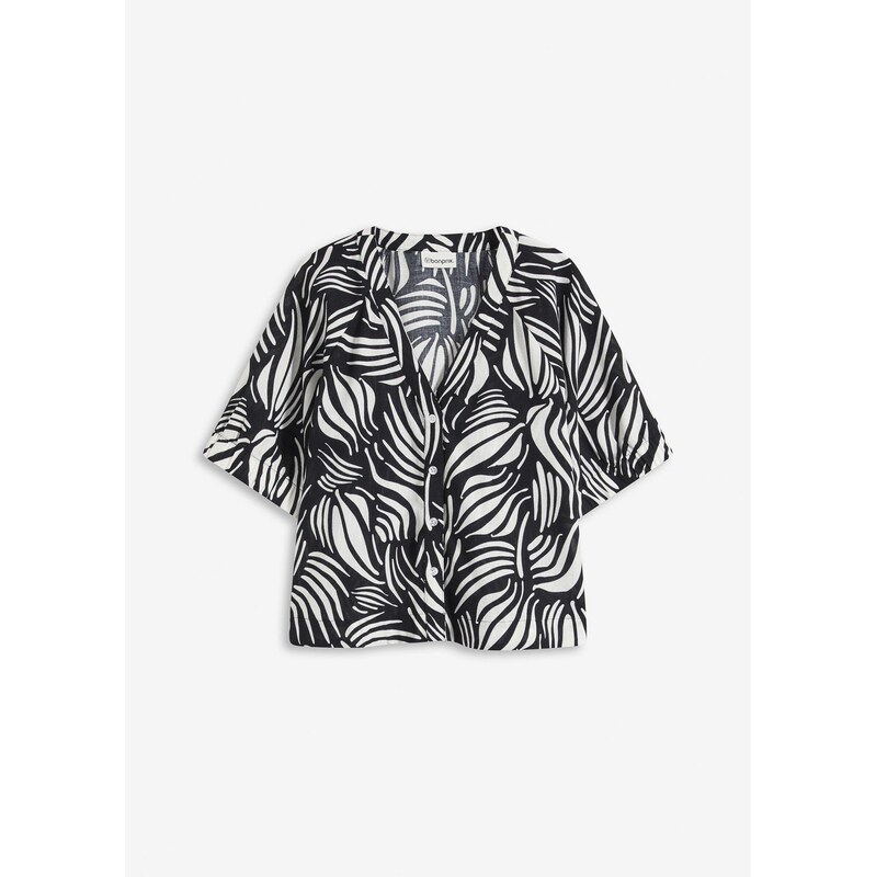 bonprix Blúzka s krátkym rukávom v plátenom vzhľade, farba čierna 63478077