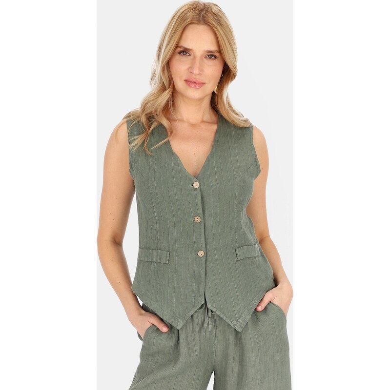 Perso Kaki dámska elegantná ľanová vesta s pruhmi CHCE 255487 F - Kaki 63495536