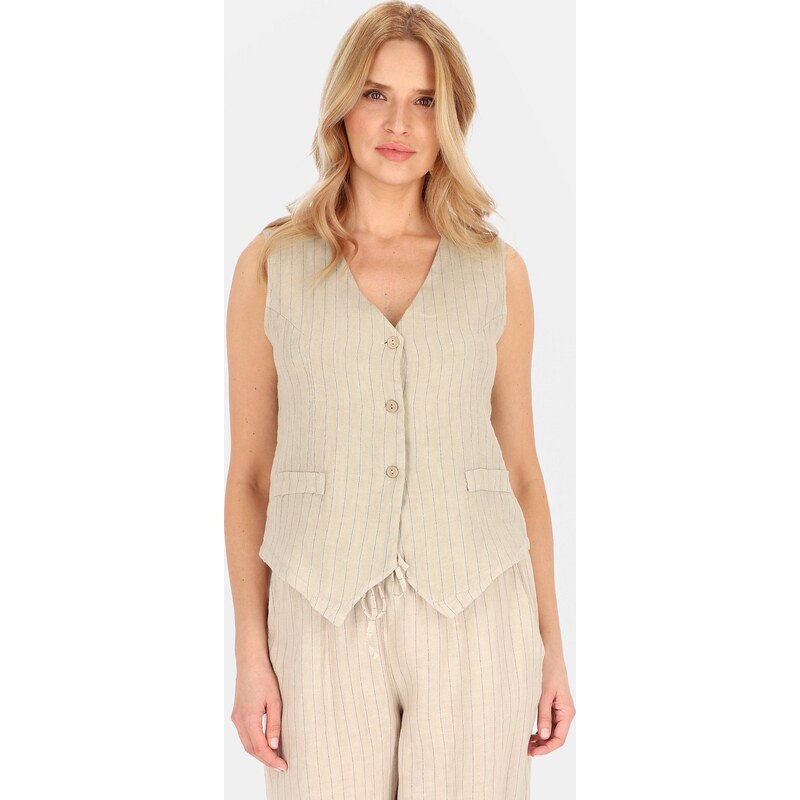 Perso Béžová dámska elegantná ľanová vesta s pruhmi CHCE 255487 F - 63495537