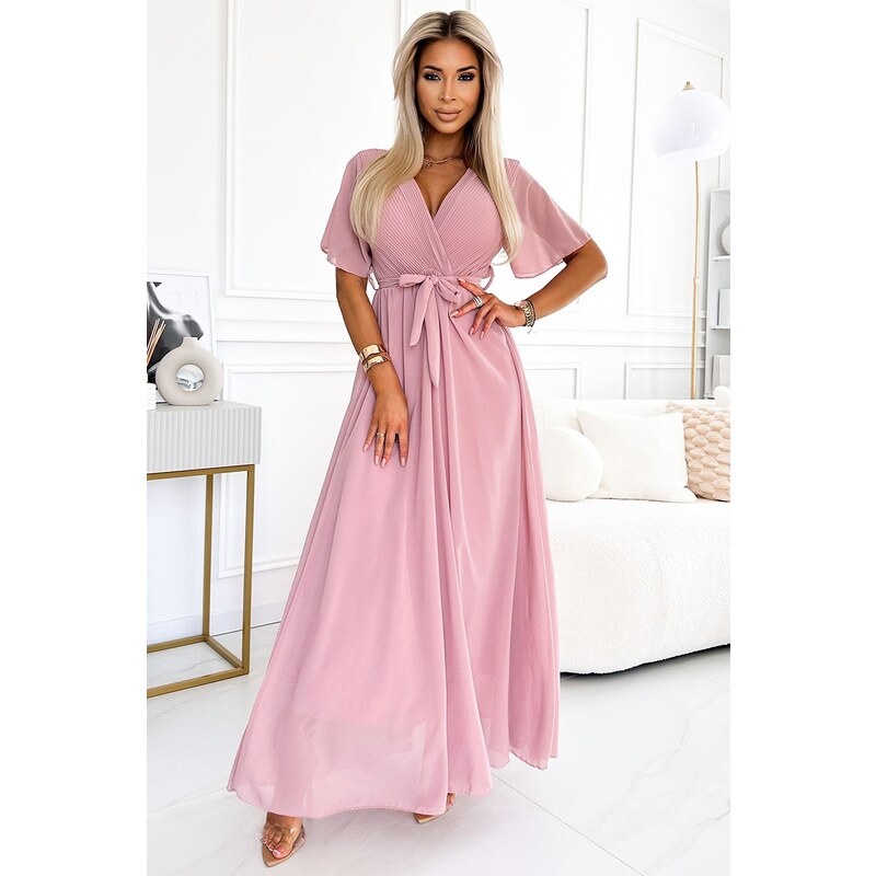 numoco basic Dlhé šaty so skladaným výstrihom a viazaním - púdrovo 67424813