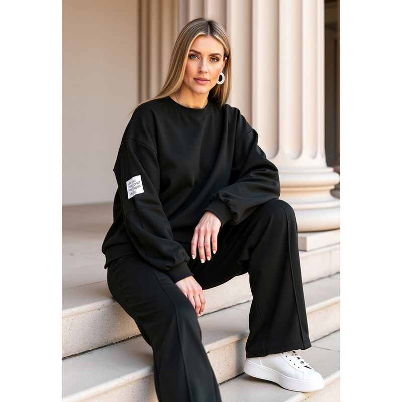 FIGL Čierna dámska tepláková súprava z viskózy so širokými nohavicami 66149717