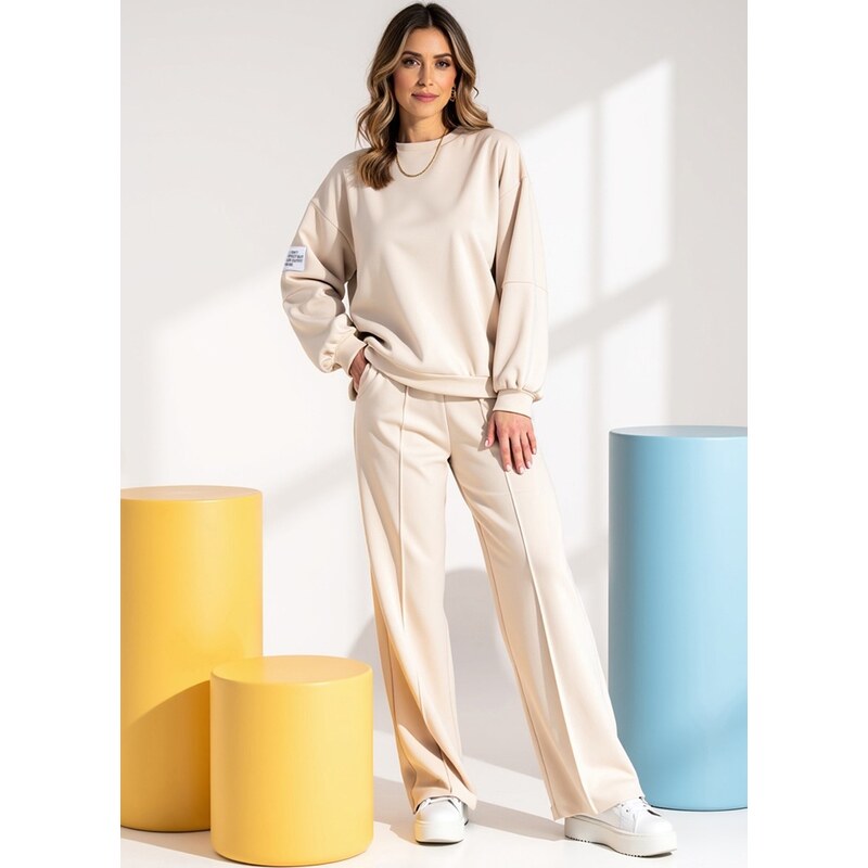 FIGL Béžová dámska tepláková súprava z viskózy so širokými nohavicami 66150029