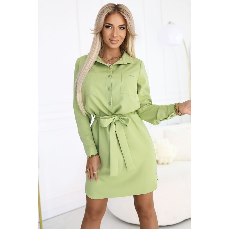 Numoco CAMILLE Košeľové šaty s vreckami a viazaním - olivová 63540307