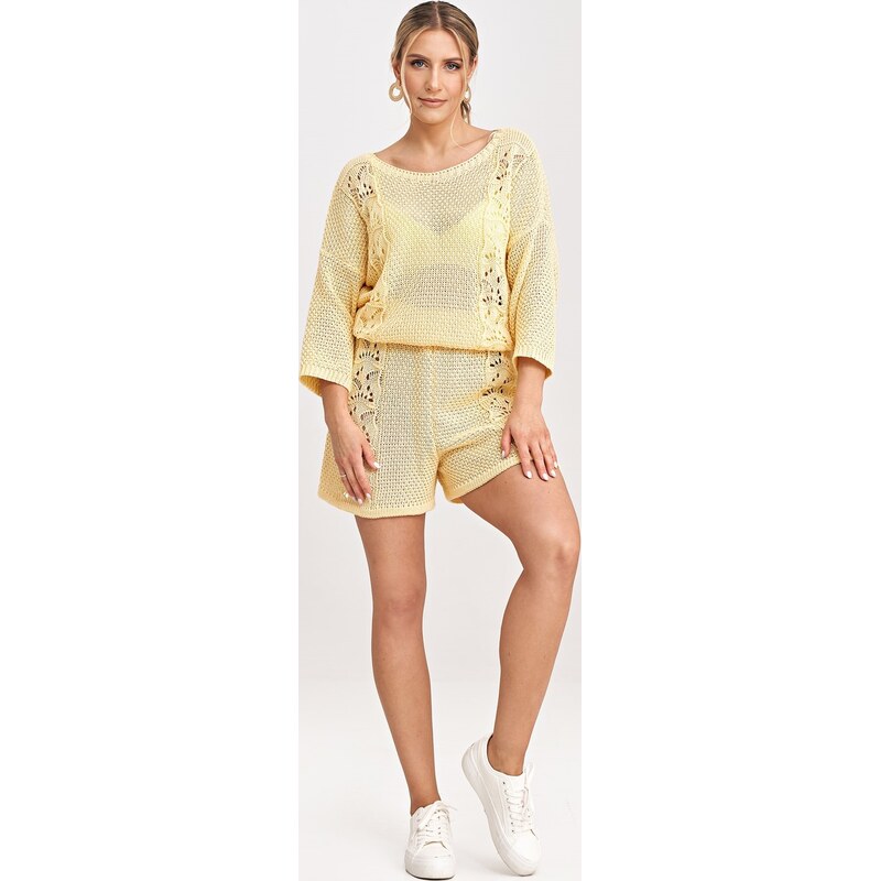 FIGL Svetložltá dámska pletená súprava blúzky s 3/4 rukávom a kraťasov 66149727